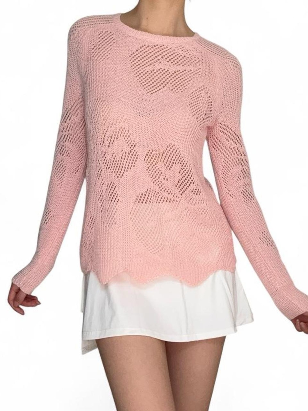 INC International Concepts Blush Pink Open-Knit Scallop-Hem Crew Sweater